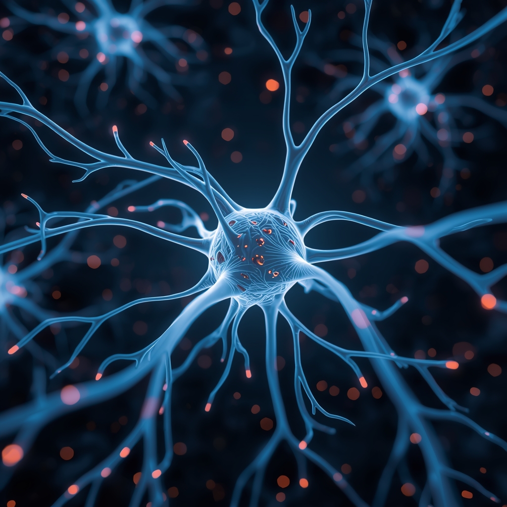 A hyper-realistic, futuristic, and serene visualization of human neural pathways glowing in soft blue and amber light. No people. No women. Minimalist, premium, high-tech, 8k resolution, serene atmosphere.